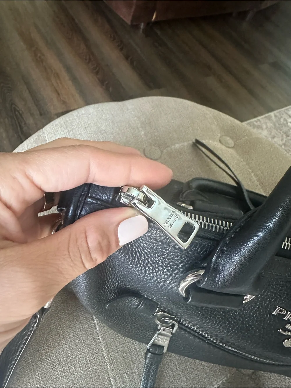Prada Black Pebbled Leather Messenger Bag with Silver-Tone Hardware